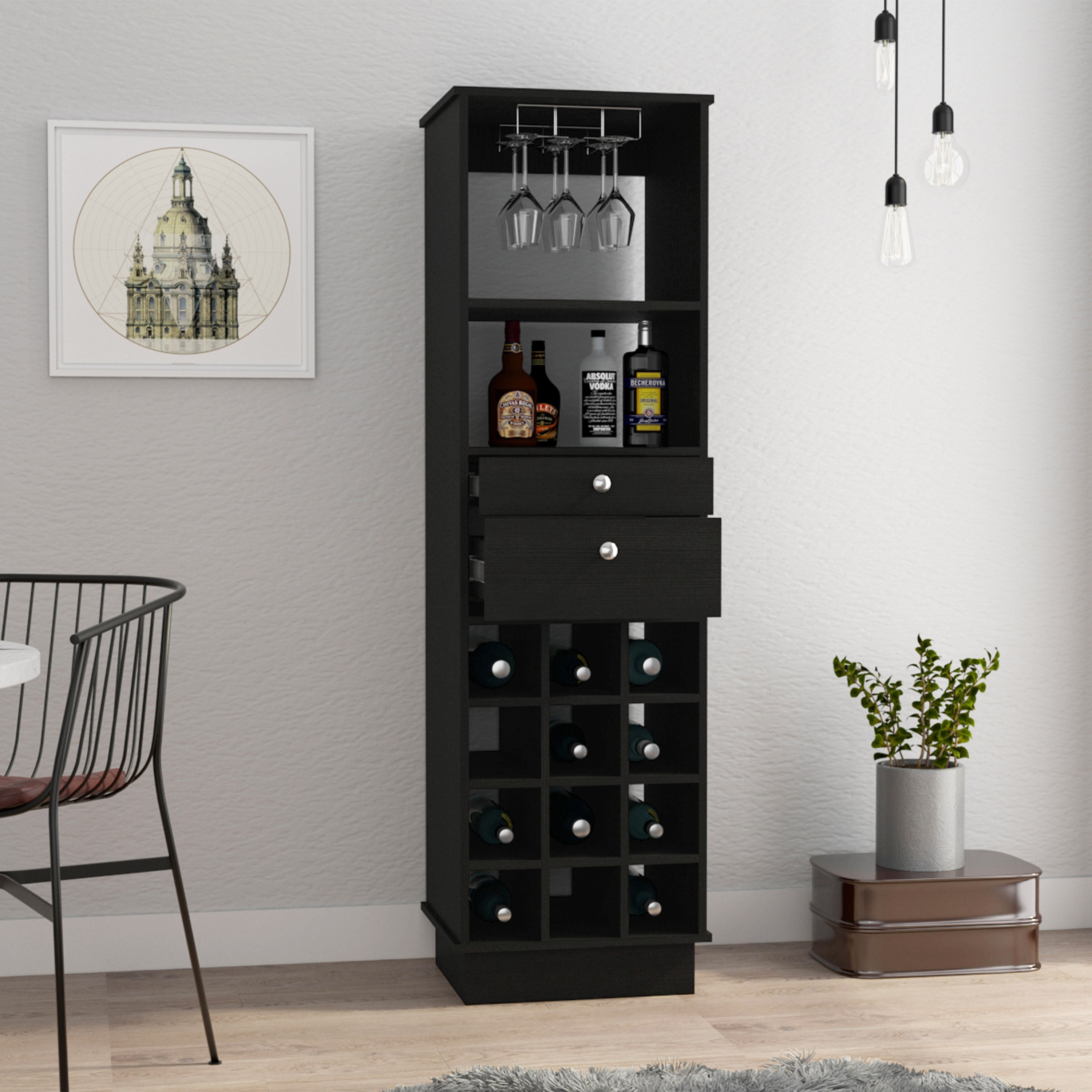 Classic Bar Cabinet, Two Drawers, Twelve Built-in Wine Rack-Black